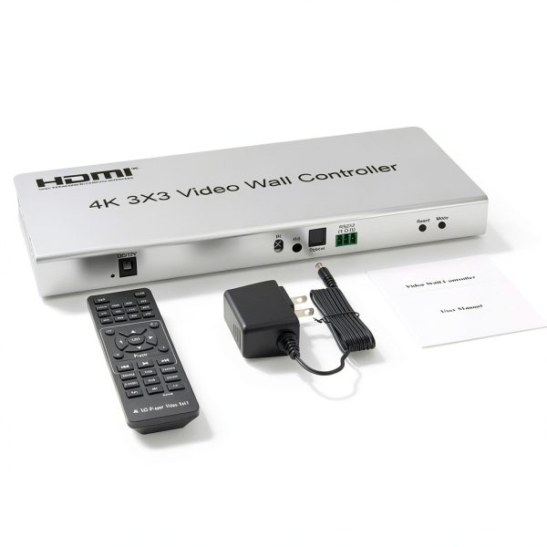 4K 3x3 Video Wall Controller, 9 Channel HDMI 1.4 Splitter, with Out Audio, Remote Control & RS232, Button Press, Support 1x1 1x6 2x1 6x1 2x2 3x3 2x4 Modes, Cascade 3x4 4x3 4x4-7