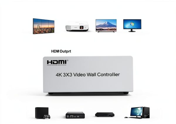 4K 3x3 Video Wall Controller, 9 Channel HDMI 1.4 Splitter, with Out Audio, Remote Control & RS232, Button Press, Support 1x1 1x6 2x1 6x1 2x2 3x3 2x4 Modes, Cascade 3x4 4x3 4x4-2