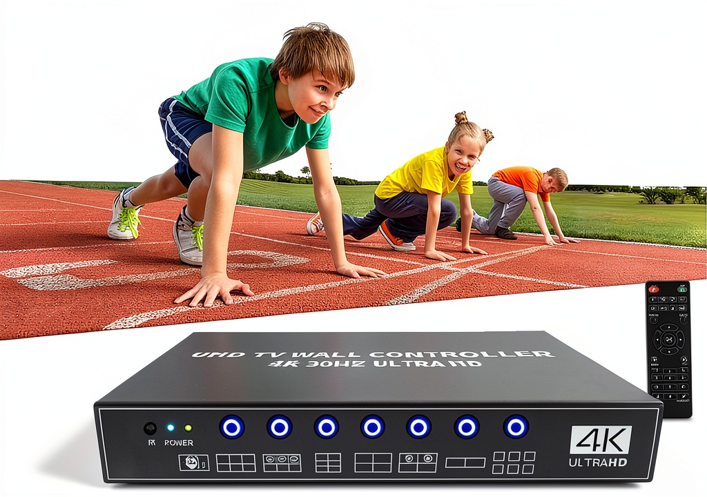 Installing ISEEVY 4K UHD Video Wall Controller 2x3/3x2 4K30 for 6 TV Splicing on a wooden desk