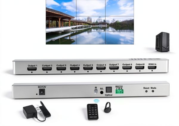4K 3x3 Video Wall Controller, 9 Channel HDMI 1.4 Splitter, with Out Audio, Remote Control & RS232, Button Press, Support 1x1 1x6 2x1 6x1 2x2 3x3 2x4 Modes, Cascade 3x4 4x3 4x4-3