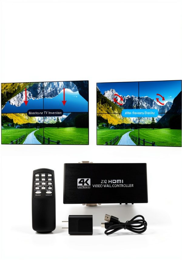 Video Wall Controller, 4K x 2K HD Seamless Splicing Professional Processor with HDMI+DVI+RS232 Input, 4 Way HDMI & SPDIF Output 180 Degree Rotate TV Wall Display 2x2, 1x2, 1x3, 1x4, 2x1, 3x1, 4x1-5