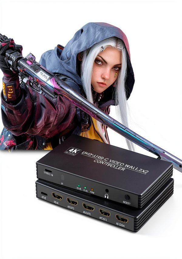 USB C/HDMI Video Wall Controller 2x2 4K Wall Controller Video Wall Processor - with 8 Splicing Modes 180° Rotate PD100W Charging, Audio, 4 Channel Splicing Display for 4 TV Screens into 1 Wall Display-0