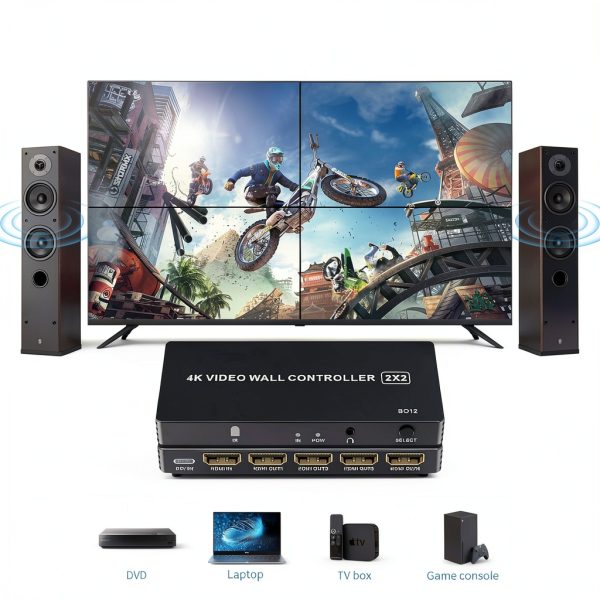 4K HDMI Video Wall Controller 2x2, LUKFOCAB TV Wall Processor with 8 Splicing Modes, 180° Rotate, 3.5mm Audio Extractor, IR Remote, 2x2, 1x2, 1x3, 1x4, 2x1, 3x1, 4x1, 4 TV Screen into 1 Wall Display-4