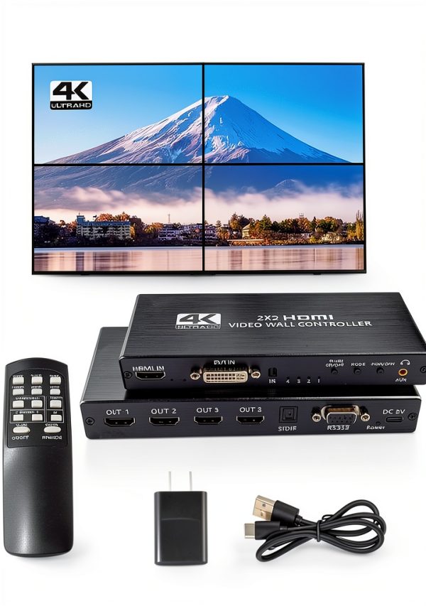 Video Wall Controller, 4K x 2K HD Seamless Splicing Professional Processor with HDMI+DVI+RS232 Input, 4 Way HDMI & SPDIF Output 180 Degree Rotate TV Wall Display 2x2, 1x2, 1x3, 1x4, 2x1, 3x1, 4x1-0