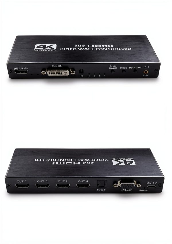Video Wall Controller, 4K x 2K HD Seamless Splicing Professional Processor with HDMI+DVI+RS232 Input, 4 Way HDMI & SPDIF Output 180 Degree Rotate TV Wall Display 2x2, 1x2, 1x3, 1x4, 2x1, 3x1, 4x1-3