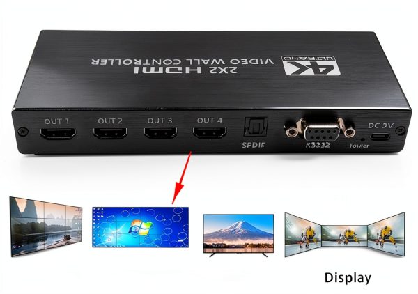 Video Wall Controller, 4K x 2K HD Seamless Splicing Professional Processor with HDMI+DVI+RS232 Input, 4 Way HDMI & SPDIF Output 180 Degree Rotate TV Wall Display 2x2, 1x2, 1x3, 1x4, 2x1, 3x1, 4x1-8